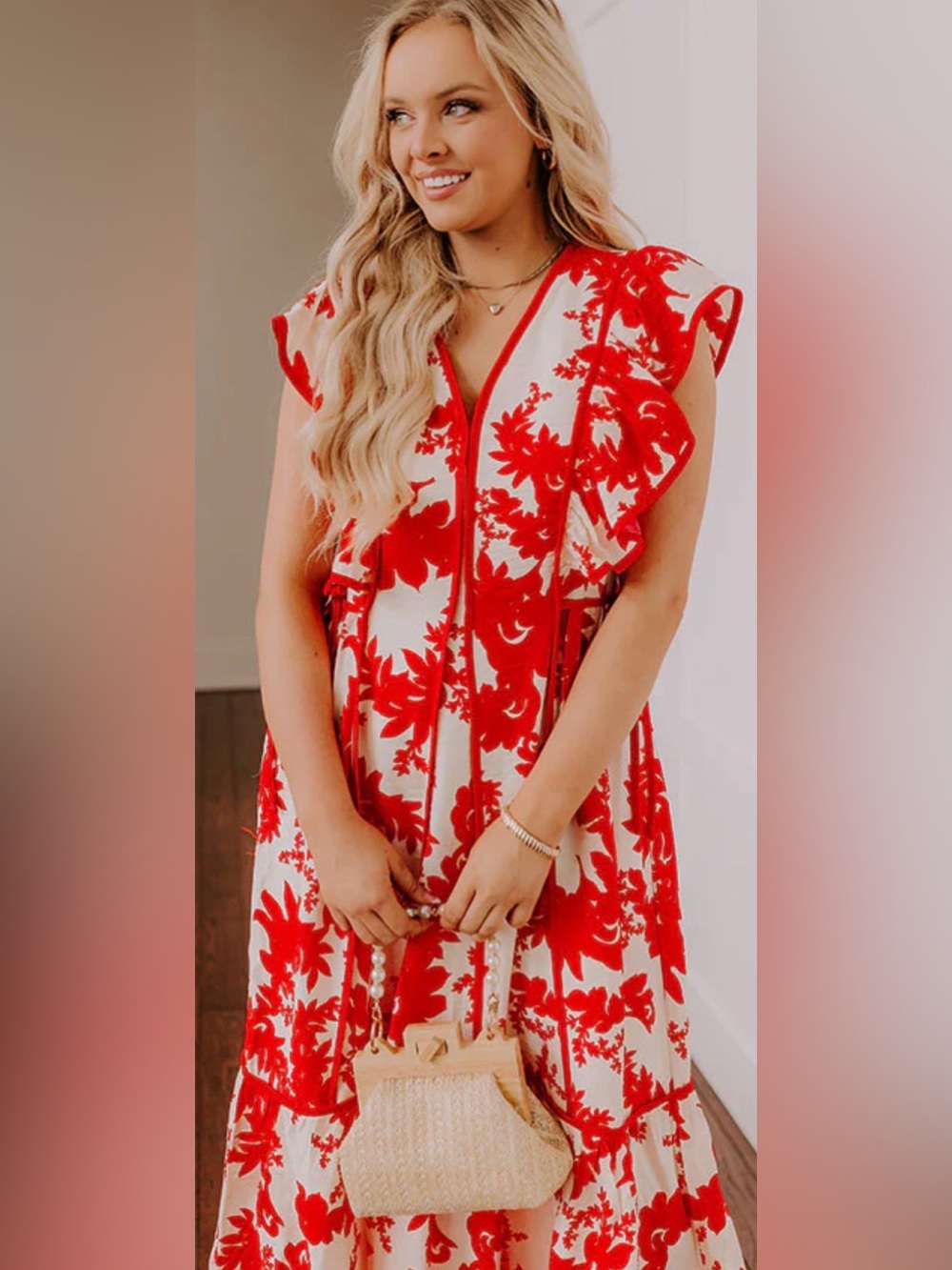entro Red and White Floral Ruffle Midi Dress